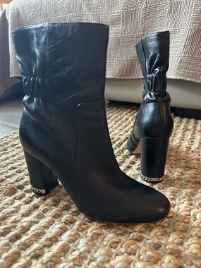 Michael Kors Black Mid-Calf Block Heel Boots with Chain Trim